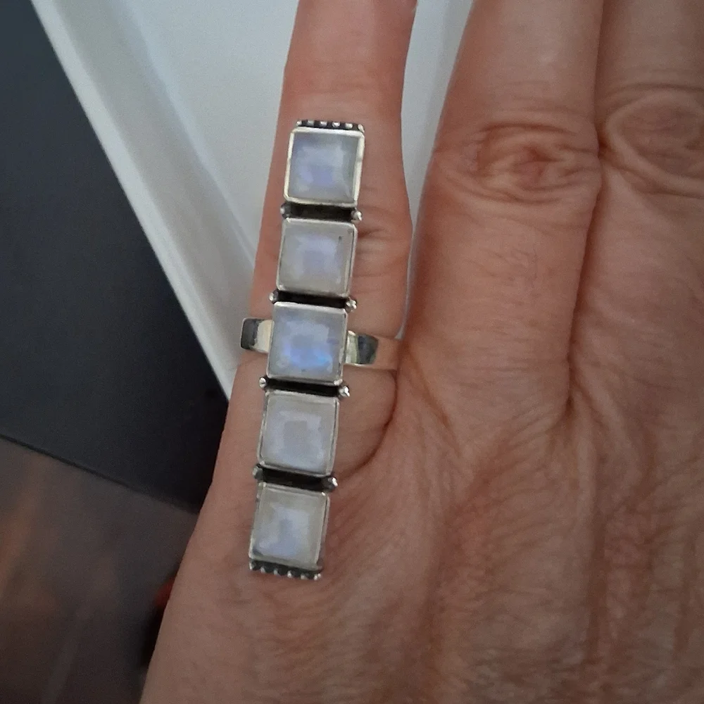 RAINBOW MOONSTONE CRAWLER RING 925 STERLING SILVER SIZE 5 1/4 - Picture 2 of 5